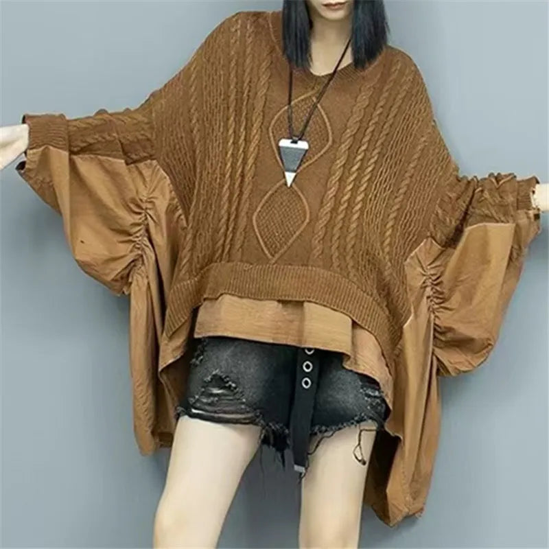 YEAE personalized old twist weaving splicing women's knitted sweater long-sleeved V-neck ruffle leaf edge autumn and spring new