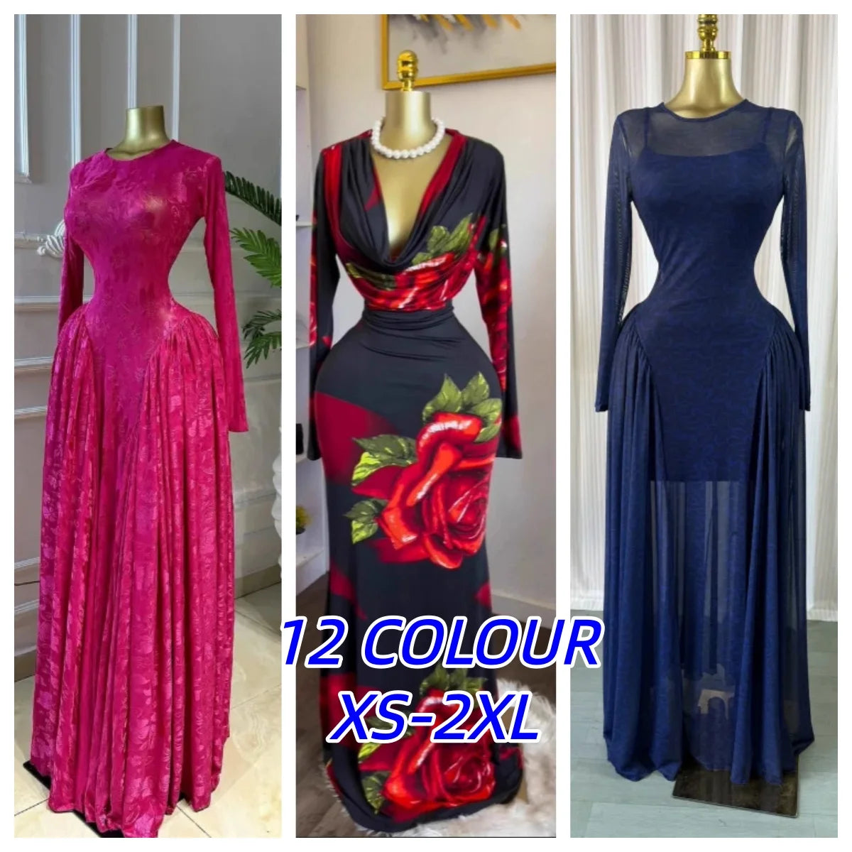 Elegant Pleated O Neck Long Sleeve Maxi Dress For Women