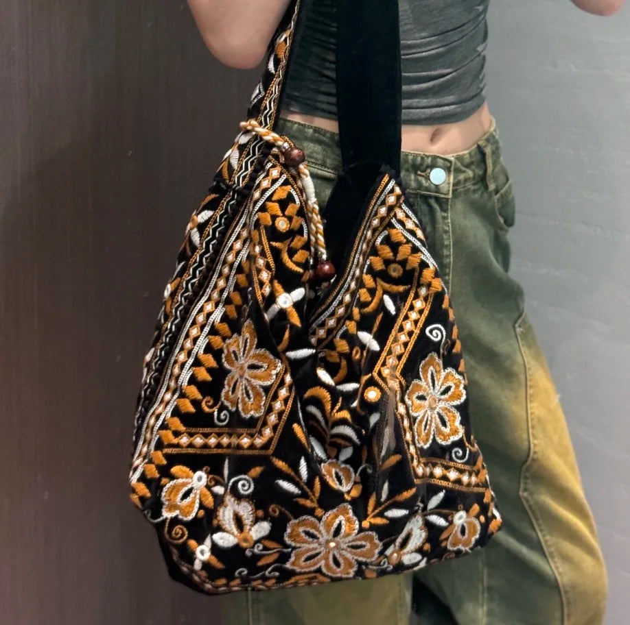 High Quality Original Design Velvet Embroidery Fringe Cloth Bag Shoulder Large Capacity Cross Body Tote Bags for Women