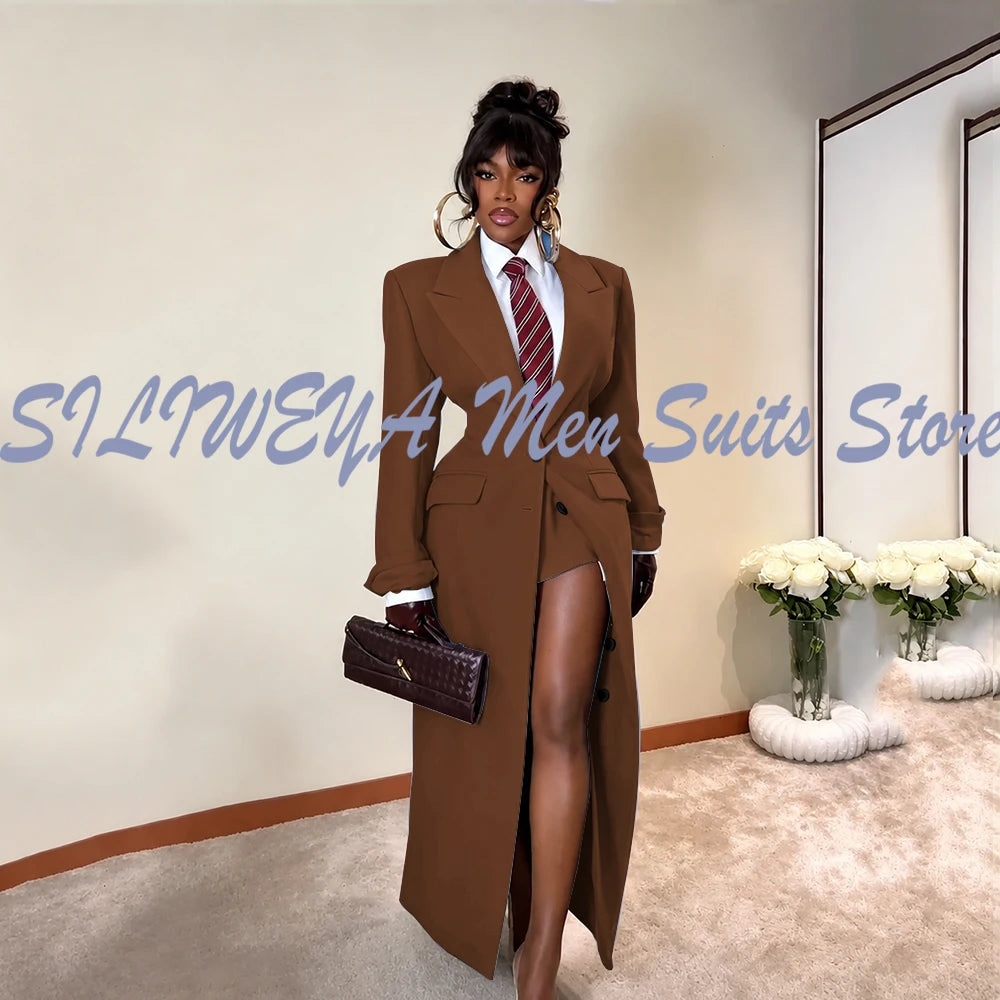 Elegant Long Blazer Coat Women Single Breasted Peak Lapel Full Sleeves 1 Piece Suit Jacket Female 2026 Spring Stylish Tops