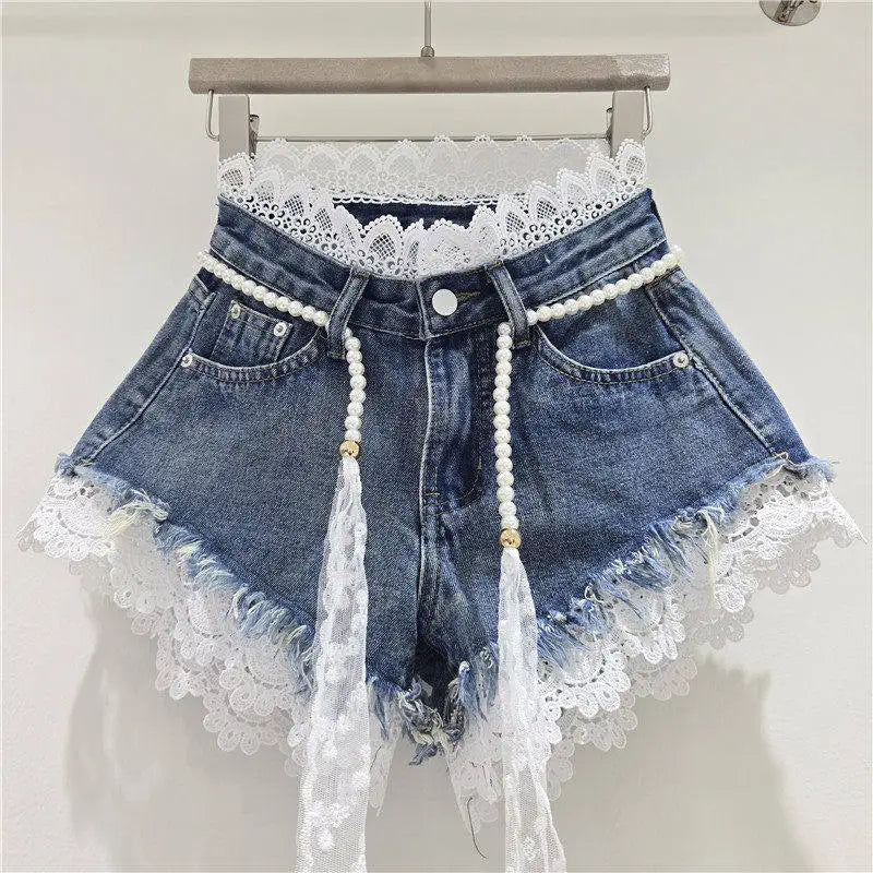 Casual High Waisted Crochet Lace Denim Shorts For Women