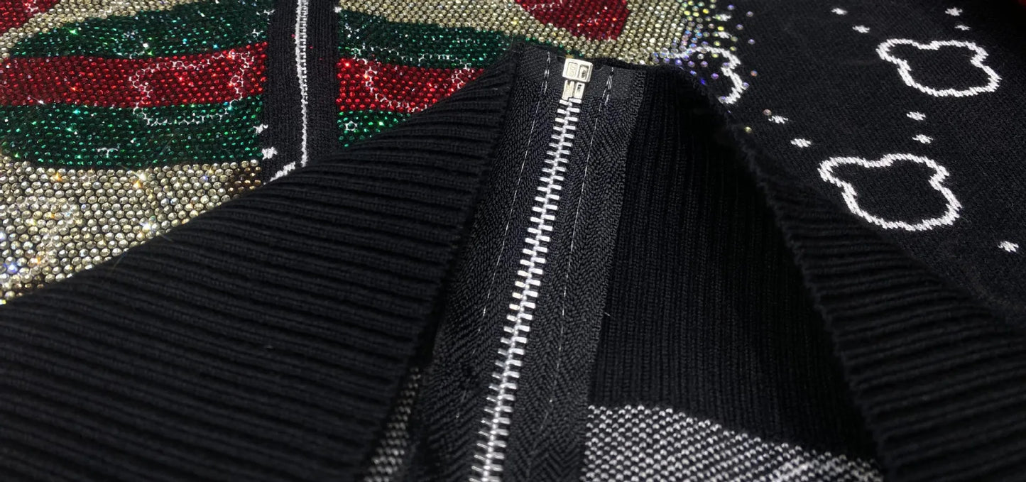 Fashion Bear Diamonds Side Stripe Pant Sets Women Autumn Tracksuit Zipper Sweater Loose Casual Two Piece Sets Womens Outifits