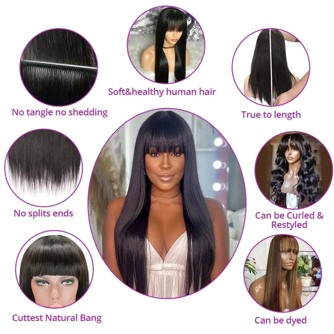 Long Straight Natural Human Hair Wig With Bangs for Women