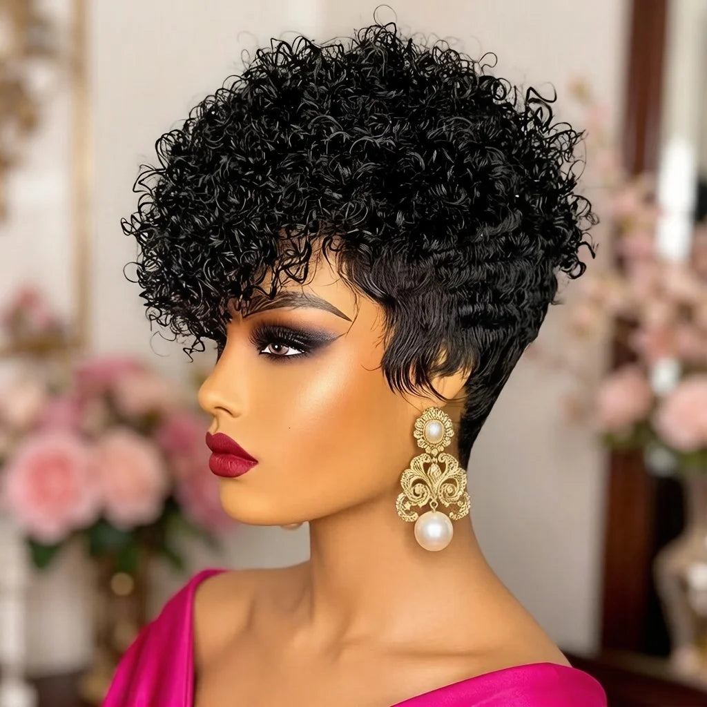 Natural Black Curly Pixie Wig Human Hair With Pre Plucked Bangs For Women