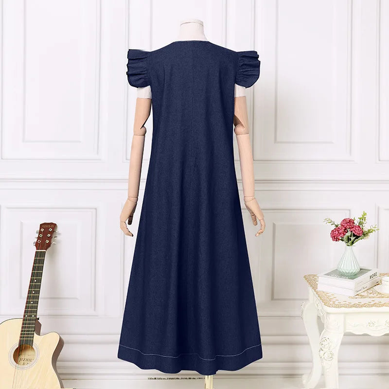 Bohemian Style V Neck Flutter Sleeve Denim Maxi Dress for Women
