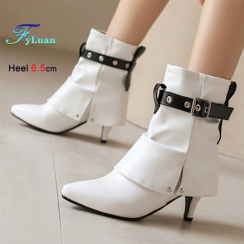 Western Style Denim Autumn Pointy Toe Ankle Boots With Belt Buckle for Women