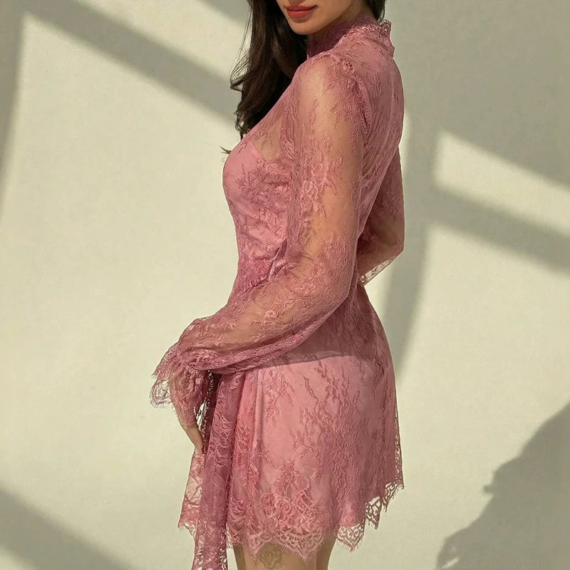 Pleated Waist Lace Embroidered Mini Dress for Women