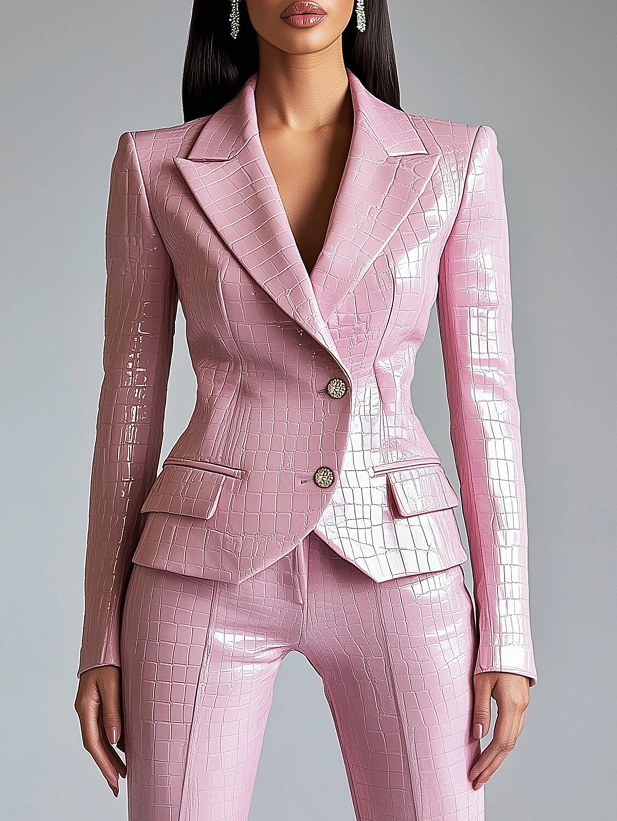Elegant Pink Alligator Pattern Single Breasted Blazer For Women