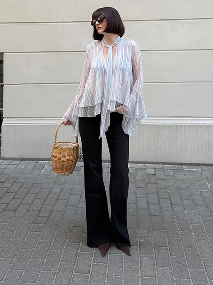 Casual Striped Long Flare Collar Cascading Ruffle Shirt for Women