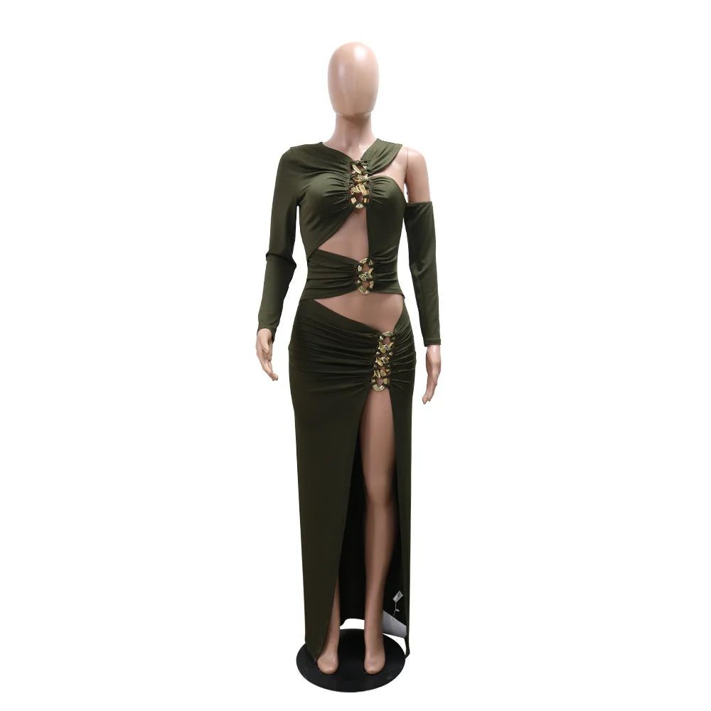 Joskaa Elegant Metal Decoration Hollow Birthday Dress Woman Sexy Irregular Full Sleeve High Split Maxi Dresses 2025 Clubwear