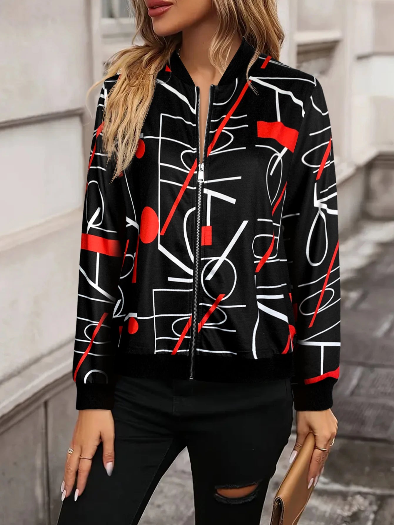 Women's Zip - Up Bomber Jacket, Zebra Print Design, Long - Sleeve, Ideal for Casual & Streetwear, Must - Have Fall Outerwear