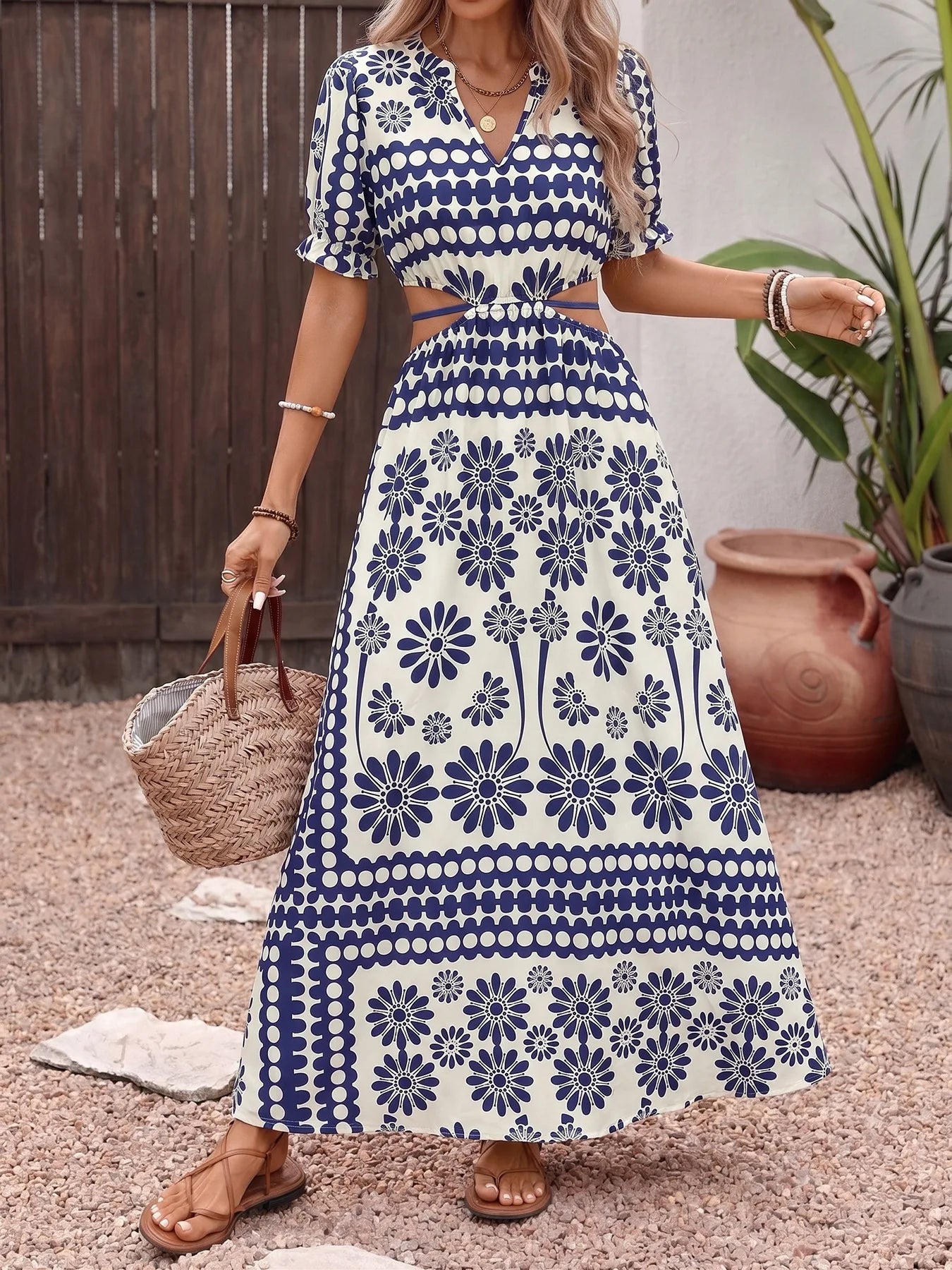 Elegant Retro Print High Waist Hollow Out Midi Dress for Women