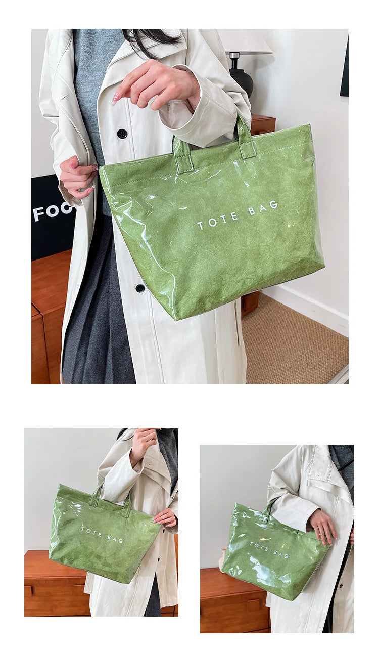 Kraft paper jelly waterproof bag, women's new retro commuting large capacity DuPont paper tote bag