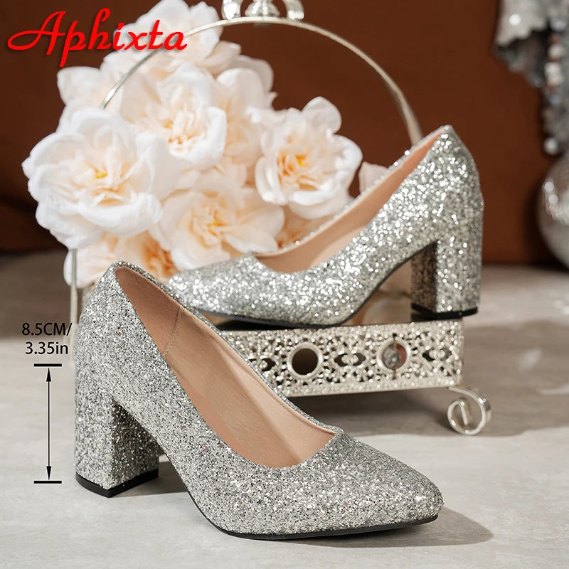 Bling Pointed Toe Square Heel Pumps
