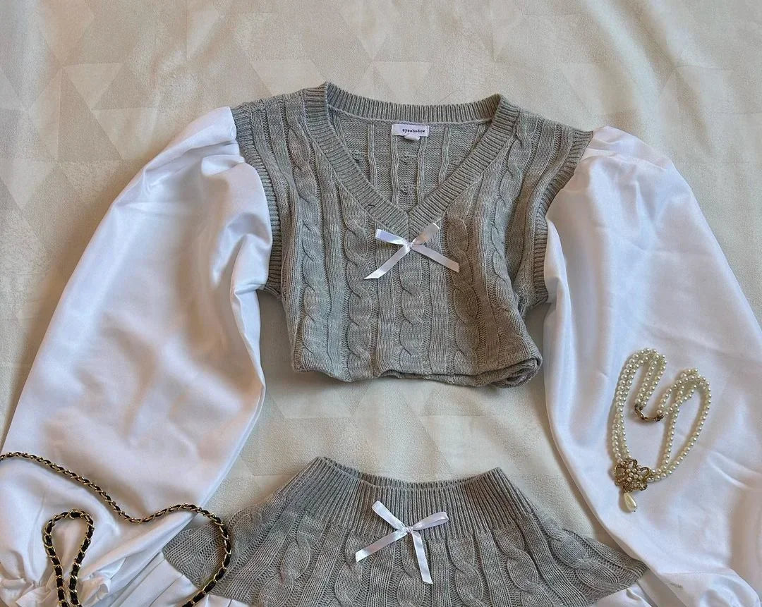 Harajuku Bow Patchwork Knit Set