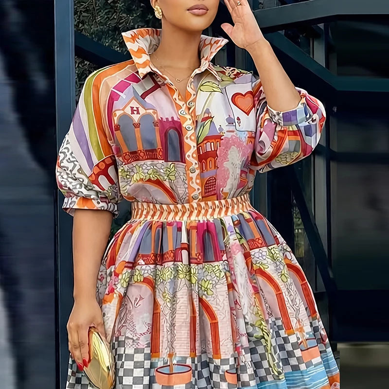 Printed Summer Puff Sleeve Top And Skirt Set for Women