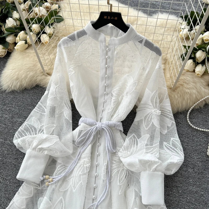 Elegant Embroidered Lantern Sleeve Midi Dress for Women