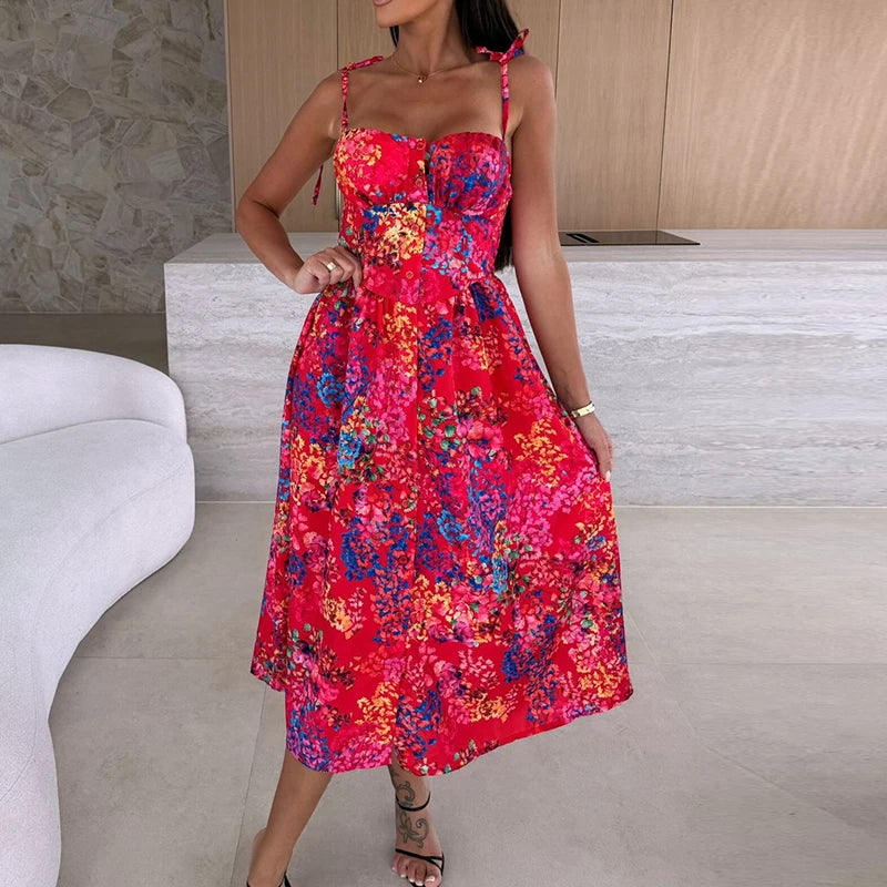 Summer Beach Holiday Dress Women Sleeveless Midi Dresses For Women Elegant A-line Bohemian Dress Women Party Vestidos