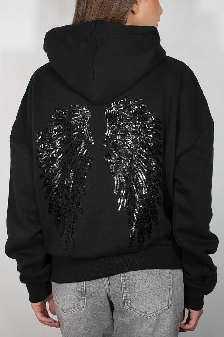 Wing Print Rhinestone Long Sleeve Pullover Hoodie for Women