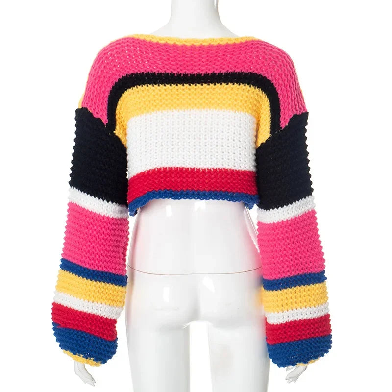 Rainbow Check Cropped Long Sleeve Knit Sweater for Women