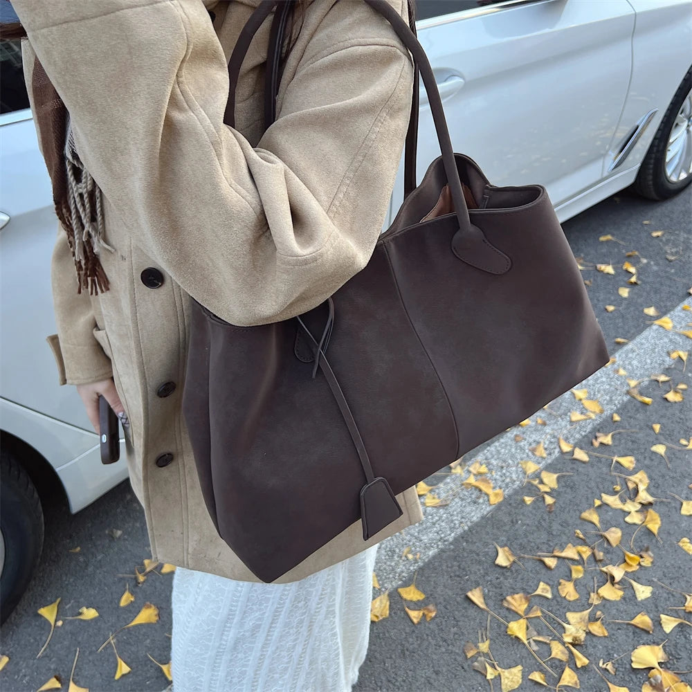 Luxurious Faux Suede Pure Color Retro Shoulder Tote Bag for Women