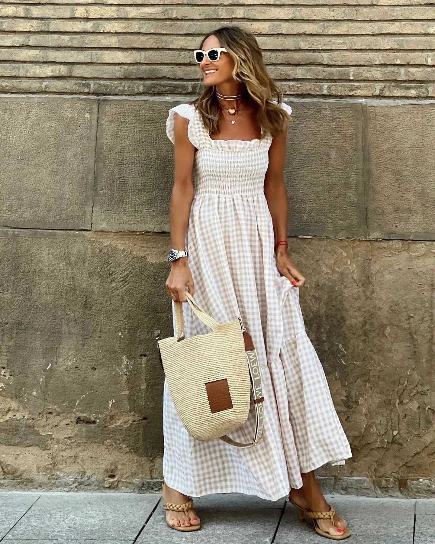 Flowy Plaid Backless Maxi Dress with Elastic Waist for Women
