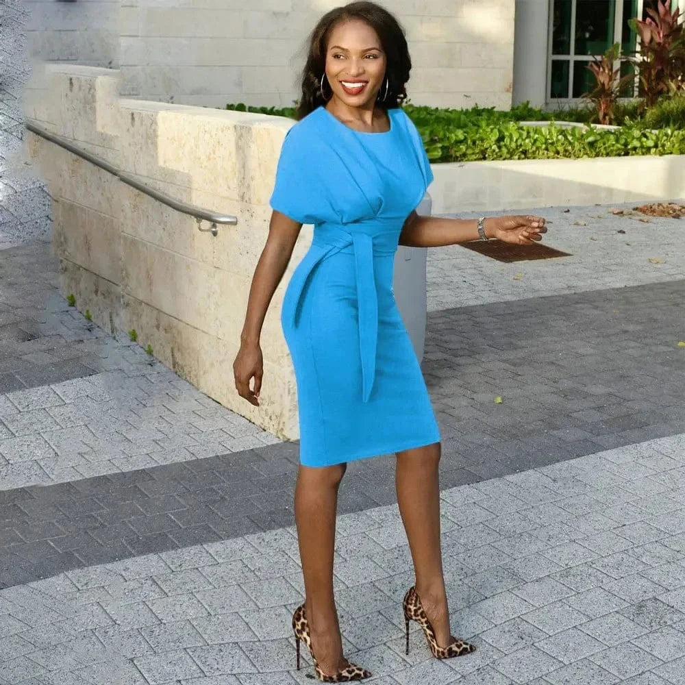 Women's Elegant Pencil Midi Dress Short Sleeve Party Cocktail Dresses with Belt