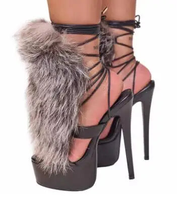 Elegant Faux Fur Cross Tie Platform Sandals for Women