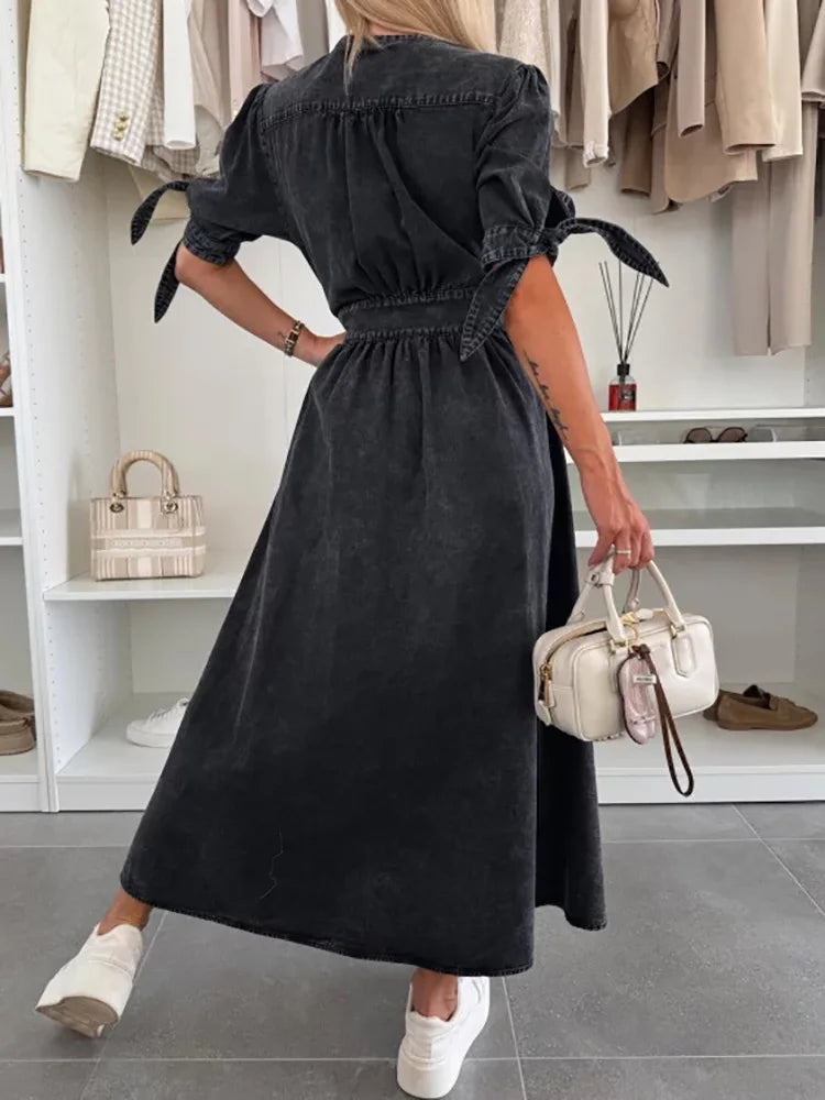 Spring Summer V Neck Fashion Maxi Dress, Women Half Sleeve Elegant Simple Party Dress, Single-Breasted Chic Ladies Dress Vestido