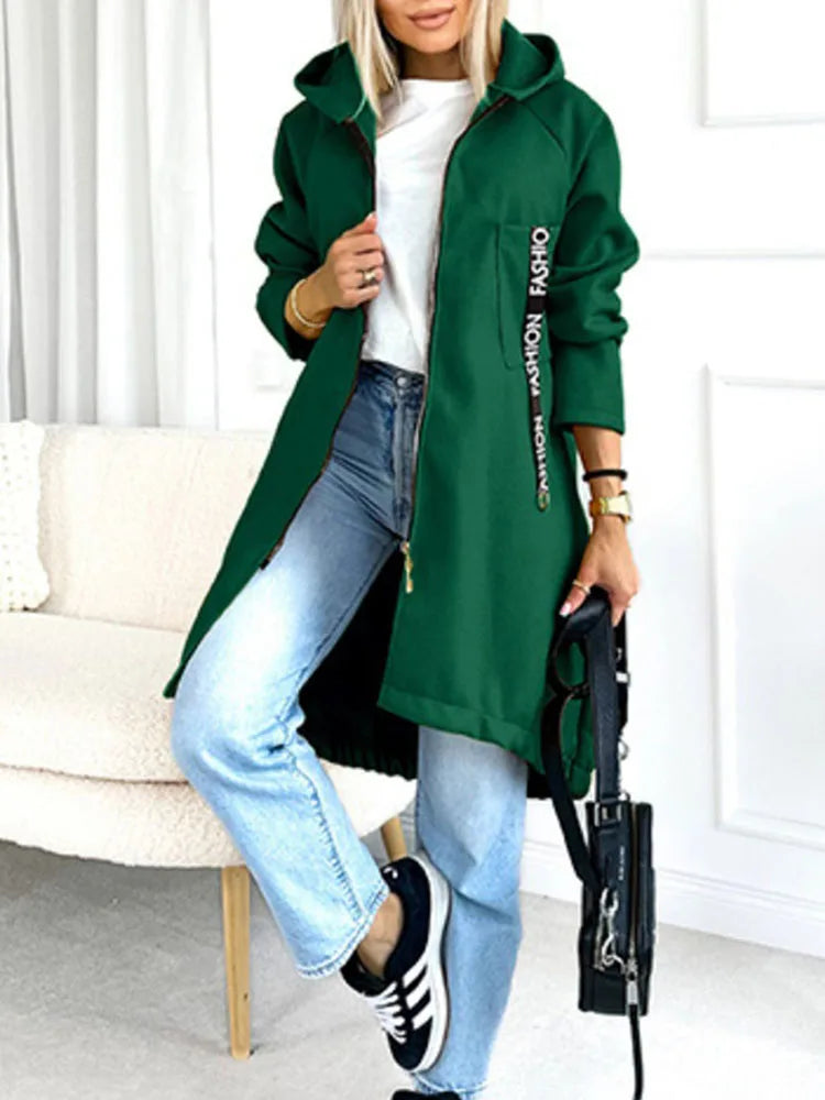 Autumn Winter Pockets Spliced Zipper Coat New Thick Warm Solid Color Women's Jacket Hooded Sports Long Sleeved Lady Outerwear