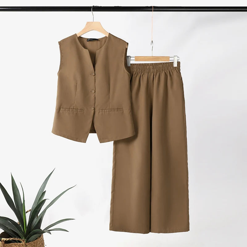 ZANZEA Women 2pcs Matching Sets Fashion Sleeveless Waistcoat Suits Office Lady Wide Leg Pants Casual Loose Solid Retro Outfits