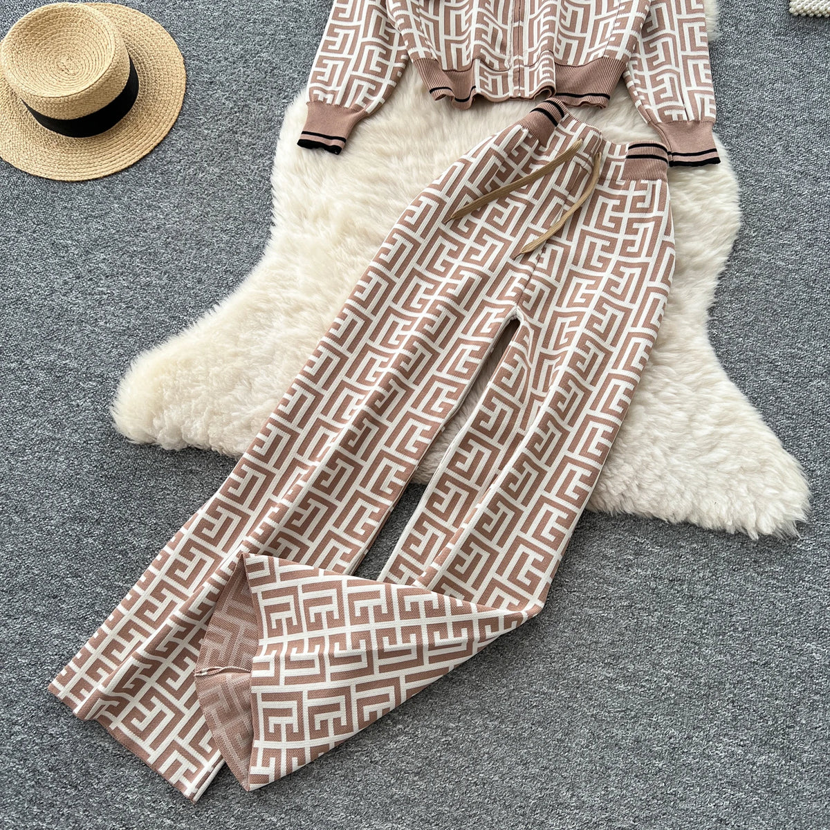 Geometric Print Hooded Knit Two Piece Set for Women