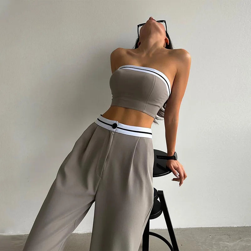 Strapless Vest With Pockets Two Piece Pants Set