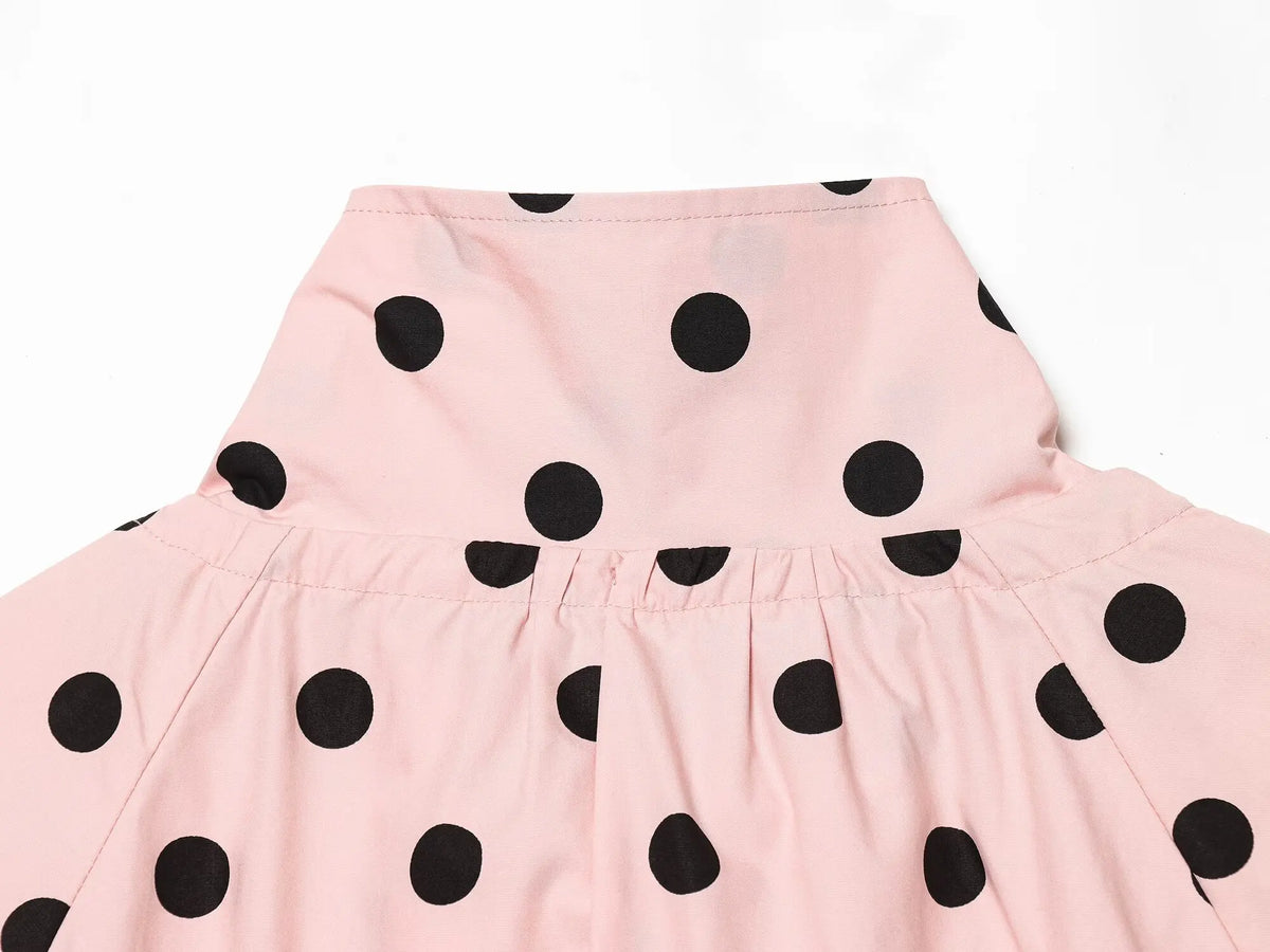 Pink Polka Dot High Collar Button Front Jacket for Women