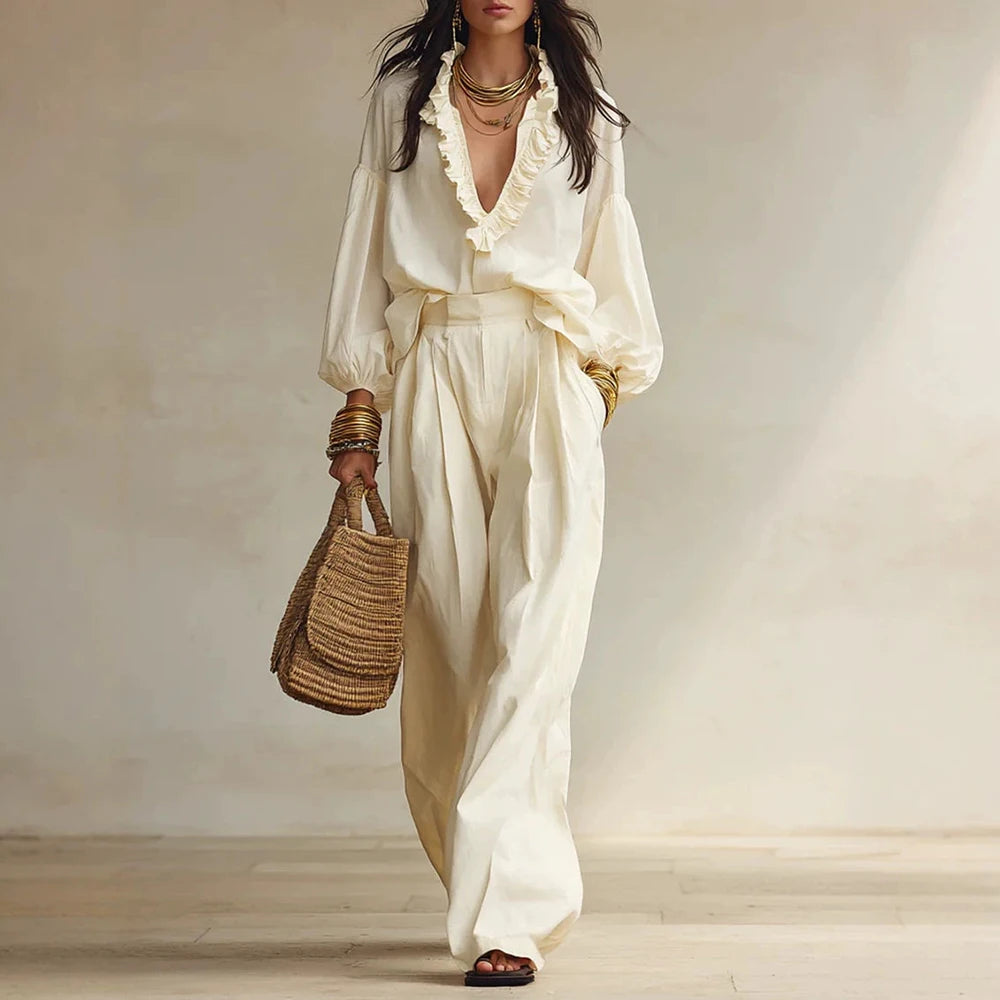 Vintage Ruffle V Neck Pleated Wide Leg Pants Set for Women