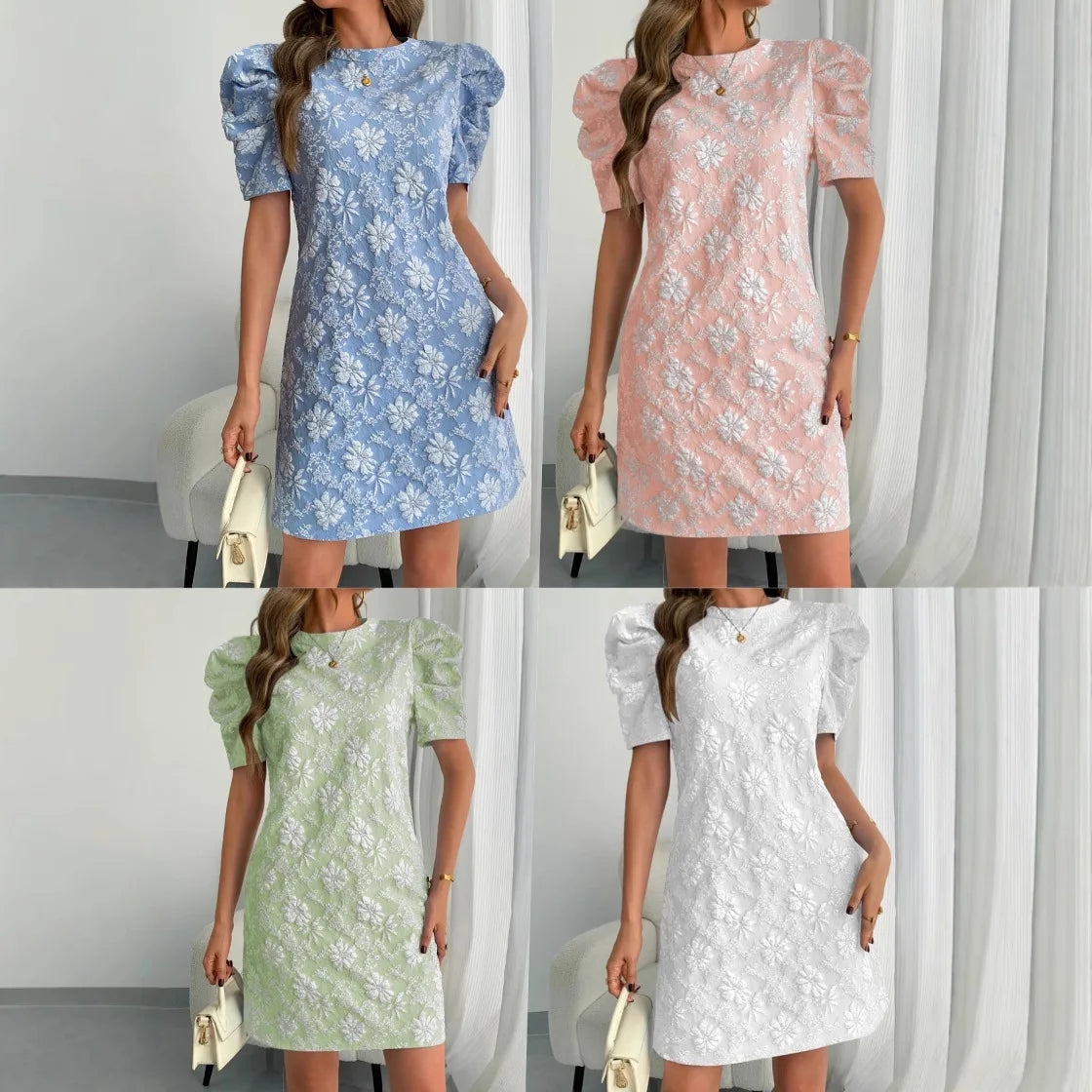 Textured Jacquard Puff Sleeve Midi Dress for Women