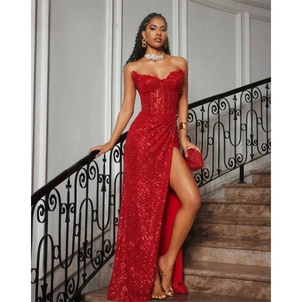 Red Sequin Mermaid Evening With Side Split Dress for Women