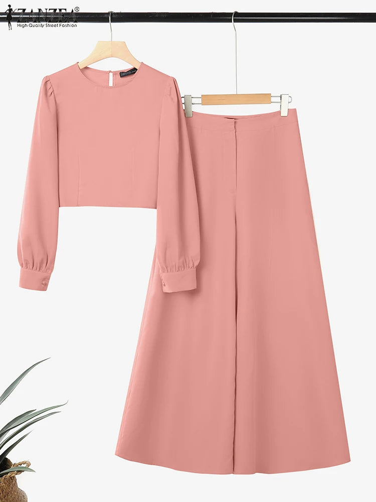 2025 Autumn Pant Sets ZANZEA Fashion 2PCS Women Outfits Solid Tracksuits Suit Long Sleeve Blouses Wide Leg Trousers 2 Piece Set