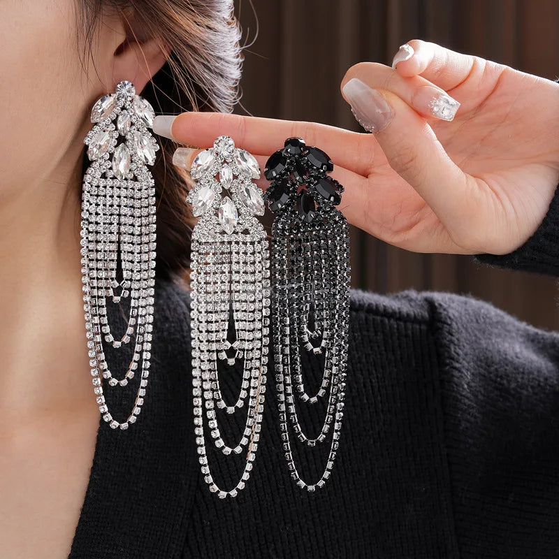 Long Rhinestone Leaf Tassel Drop Earrings for Women