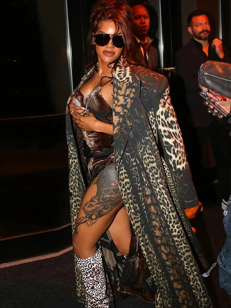 Cutemew Trench Leopard Print Coat Women Hipster Fall Warm Lapel Neck Full Sleeve Coquette Street Adjustable Belt Lady Outwear