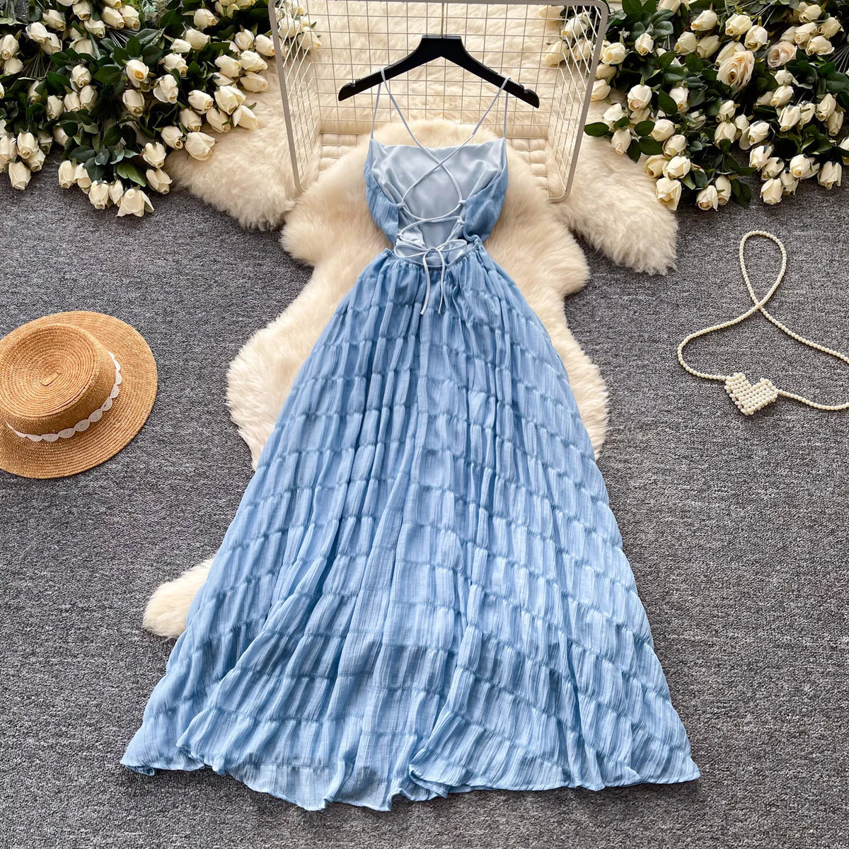 Backless Lace Up Summer A-Line Maxi Sundress for Women