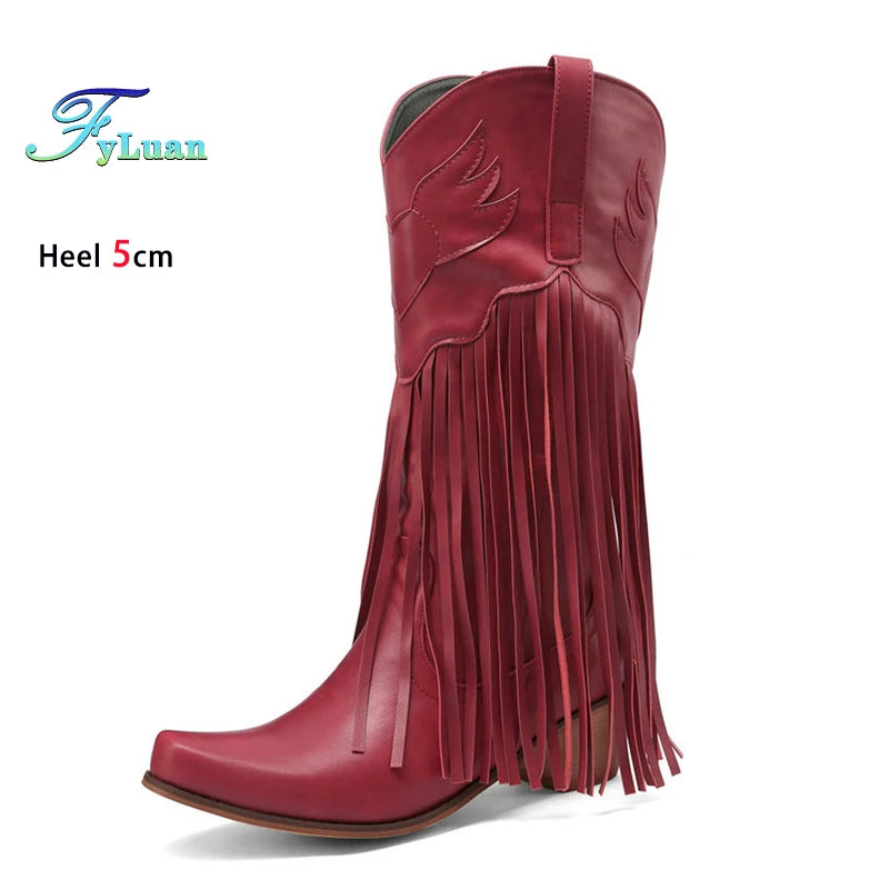 Retro Western Style Mid Calf Boots With Block Heel Tassels For Women