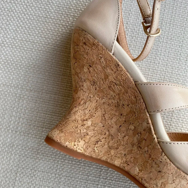 Elegant Apricot Buckle Platform Thick Heel Wedge Sandals for Women