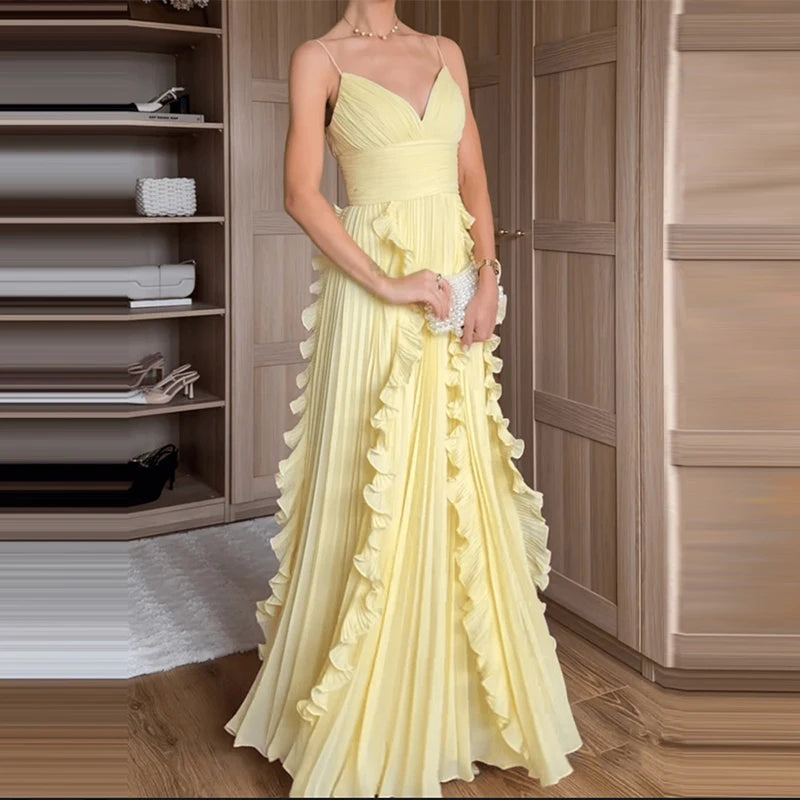 Elegant V-neck Sleeveless Suspender Dress Women's Fashion Pleated Hight Waist Solid Long Dress Casaul Ruffle Design Party Dress
