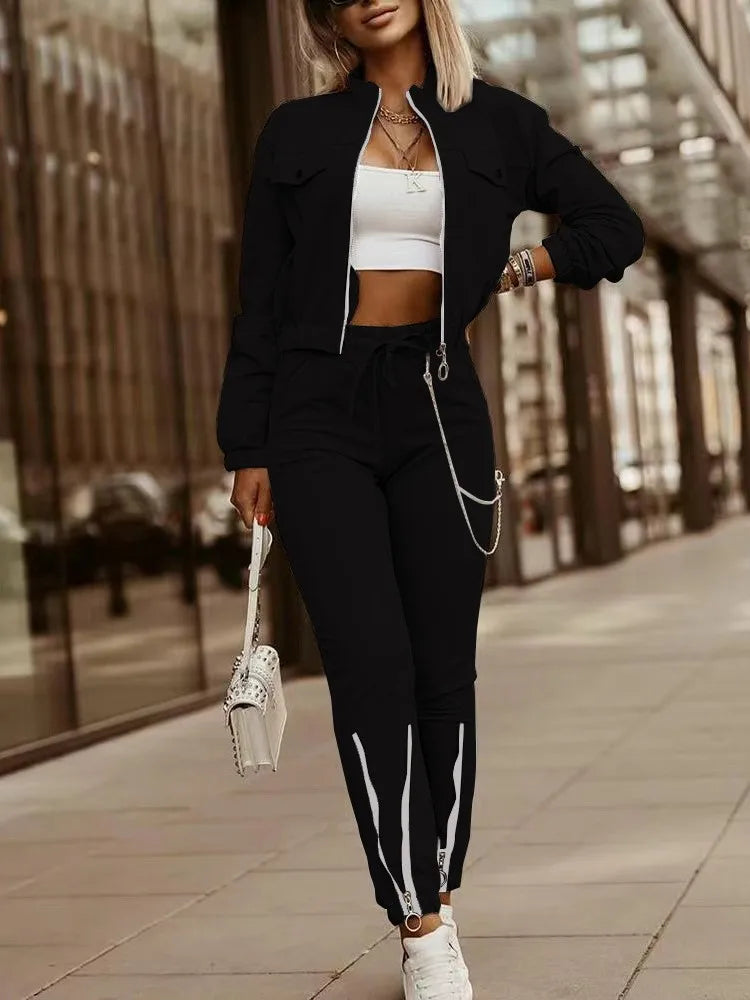 Zipper Long Sleeve Top And Drawstring Pants Set for Women