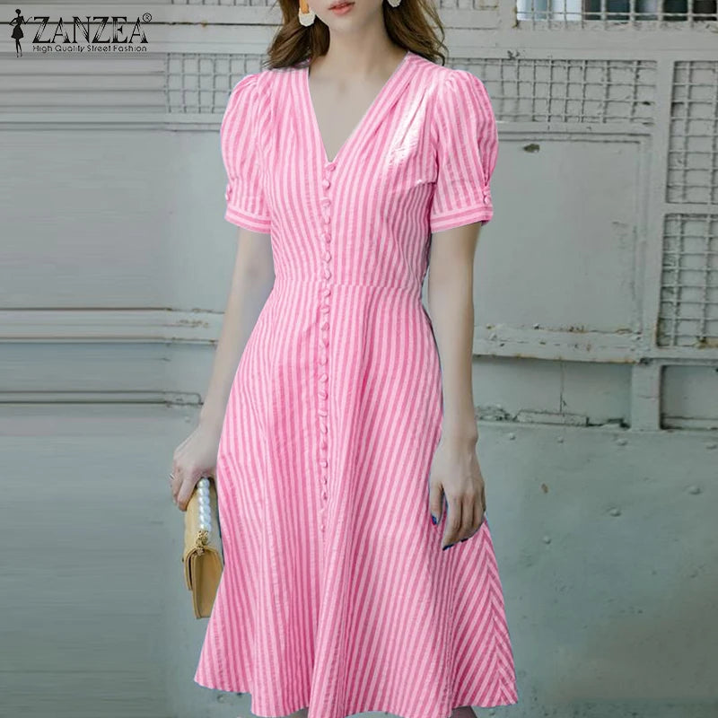 ZANZEA Women Elegant Striped Midi Dresses 2025 Summer Fashion V-Neck Short Puff Sleeve Fitted Waist A-Line Robes Femme Korean