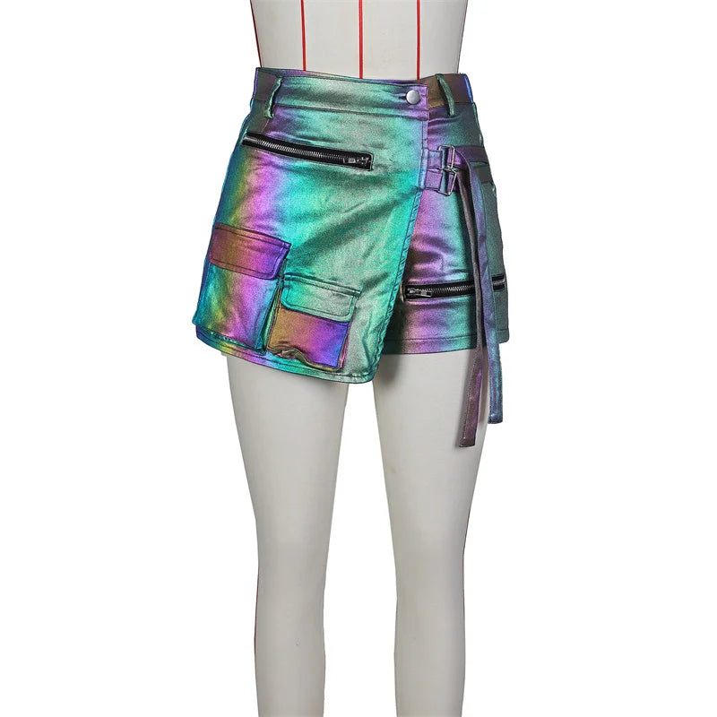 Shiny Metallic Irregular Shorts Skirts Women Y2K Clothing High Waist Button Fly Pockets Zipper Party Club Birthday Short Mujer