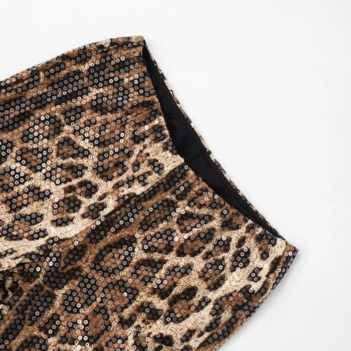 Tank Top Sets for Women Clothing Summer 2025 Sexy Neck Hanging Leopard Print Sequined Sleeveless Vest and Shorts Suit Streetwear