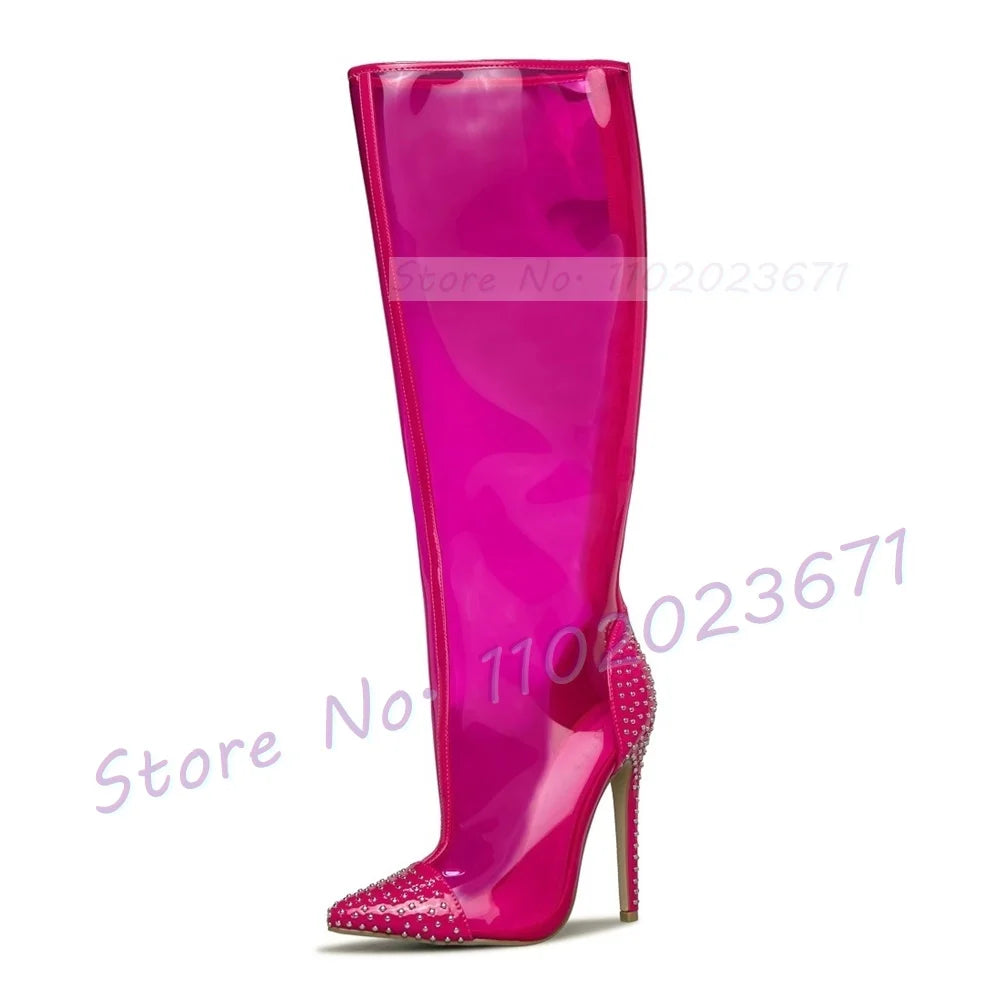 Pink Pvc Pointy Knee High Boots Female Sewing Crystal Patchwork Toe High Heels Shoes Women Punk Spring Party Long Side-zip Boots