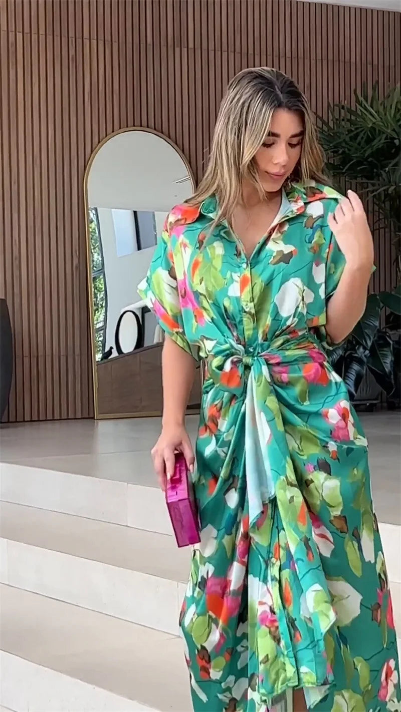 Printed Button Front Ankle Length Shirt Dress with Belt for Women